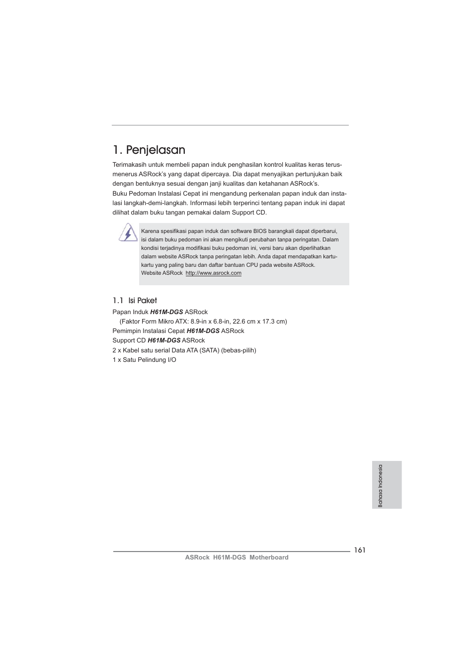 Indonesian, Penjelasan, 1 isi paket | ASRock H61M-DGS User Manual | Page 161 / 165