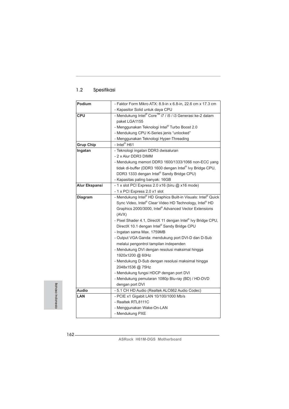 2 spesifikasi | ASRock H61M-DGS User Manual | Page 162 / 165