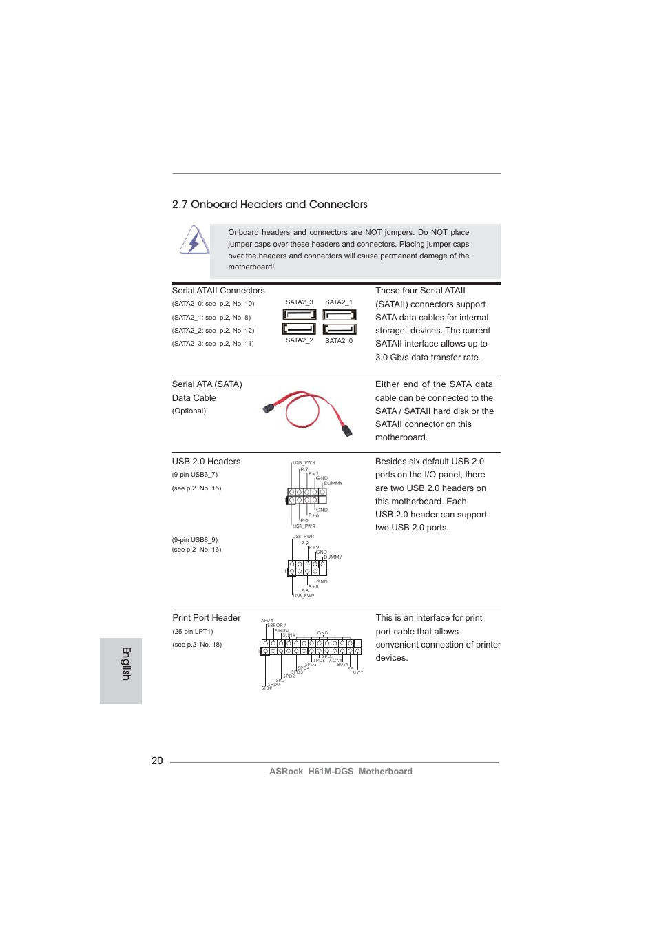 English 2.7 onboard headers and connectors | ASRock H61M-DGS User Manual | Page 20 / 165