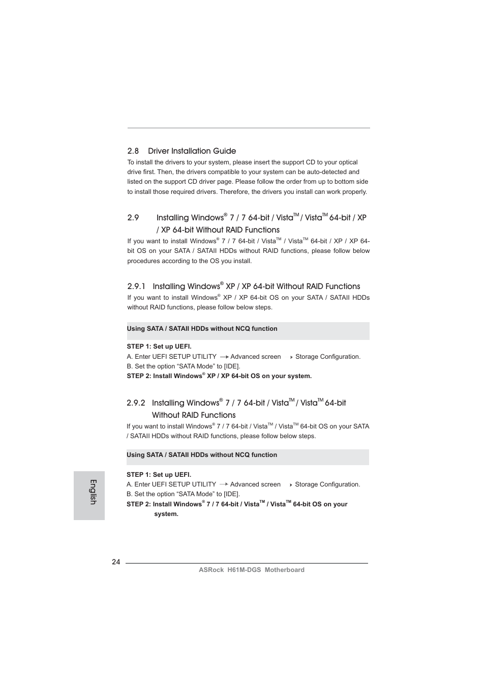 English 2.8 driver installation guide, 9 installing windows, 7 / 7 64-bit / vista | Vista, Bit / xp / xp 64-bit without raid functions, 1 installing windows, Xp / xp 64-bit without raid functions, 2 installing windows, Bit without raid functions | ASRock H61M-DGS User Manual | Page 24 / 165