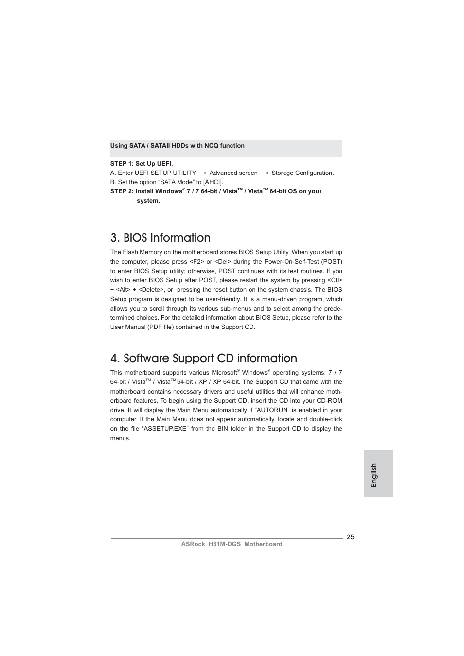 Bios information, Software support cd information, English | ASRock H61M-DGS User Manual | Page 25 / 165