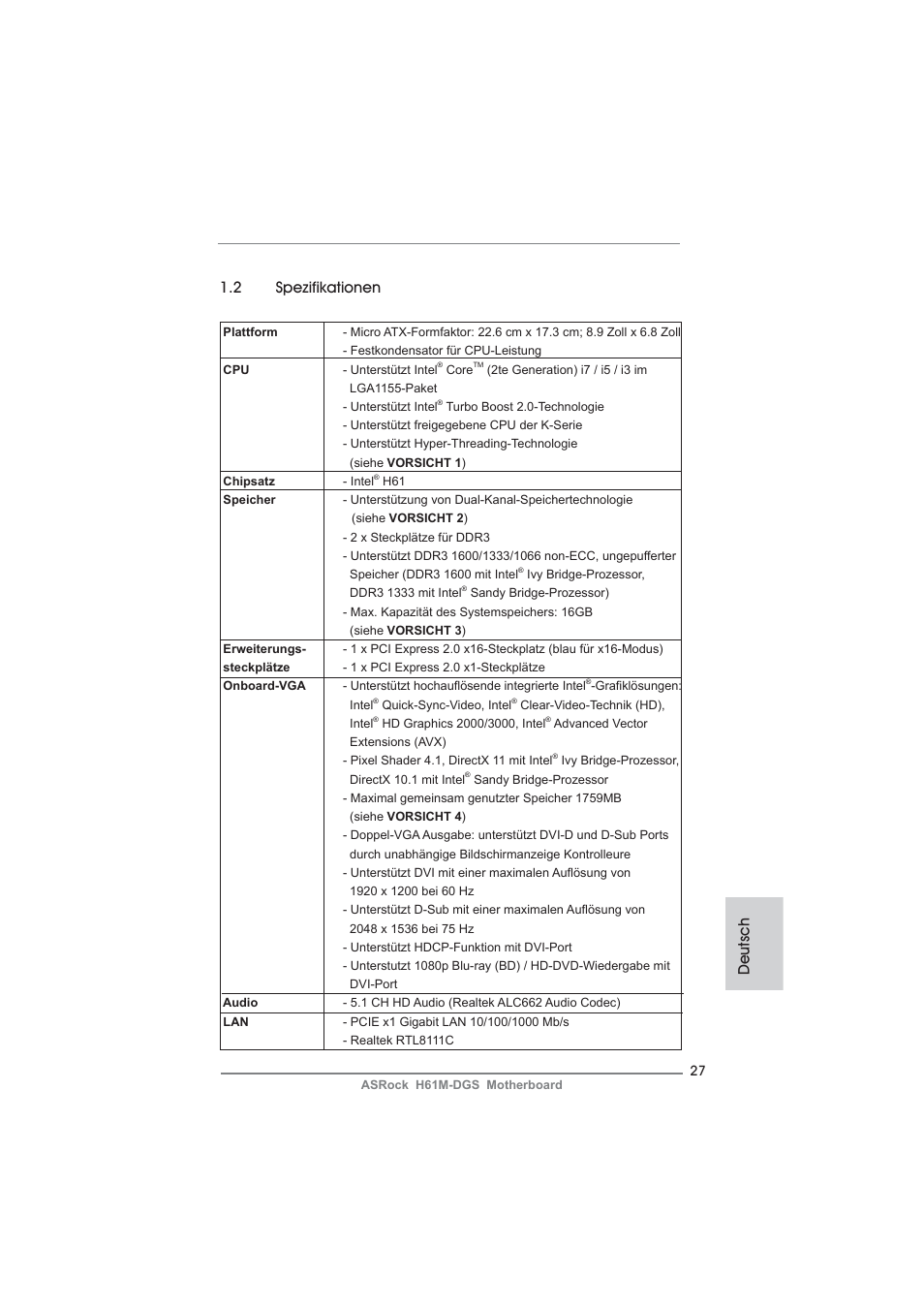 Deutsch 1.2 spezifikationen | ASRock H61M-DGS User Manual | Page 27 / 165