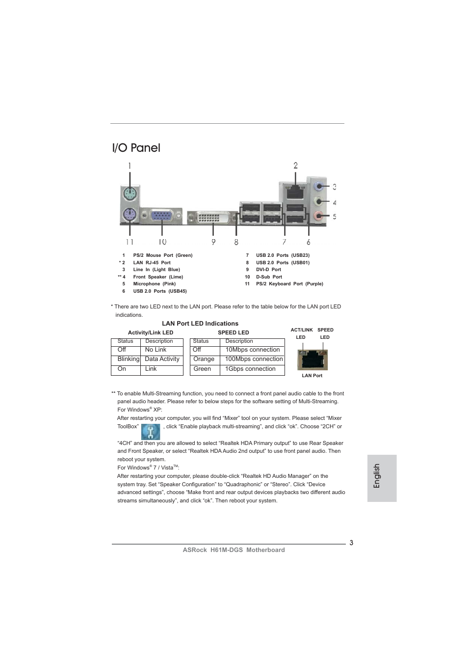I/o panel, English | ASRock H61M-DGS User Manual | Page 3 / 165