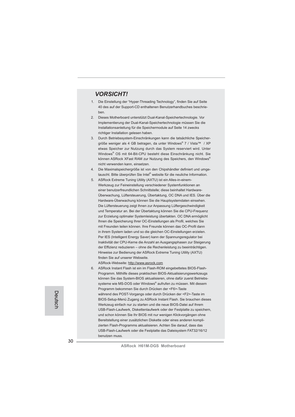 Vorsicht, Deutsch | ASRock H61M-DGS User Manual | Page 30 / 165