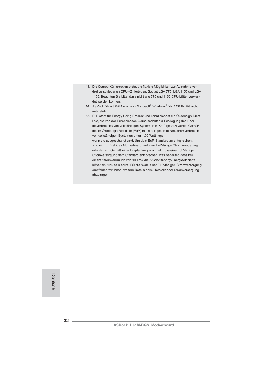 Deutsch | ASRock H61M-DGS User Manual | Page 32 / 165