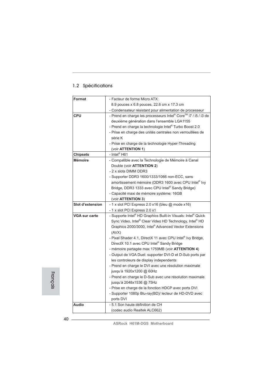 2 spécifications, Français | ASRock H61M-DGS User Manual | Page 40 / 165