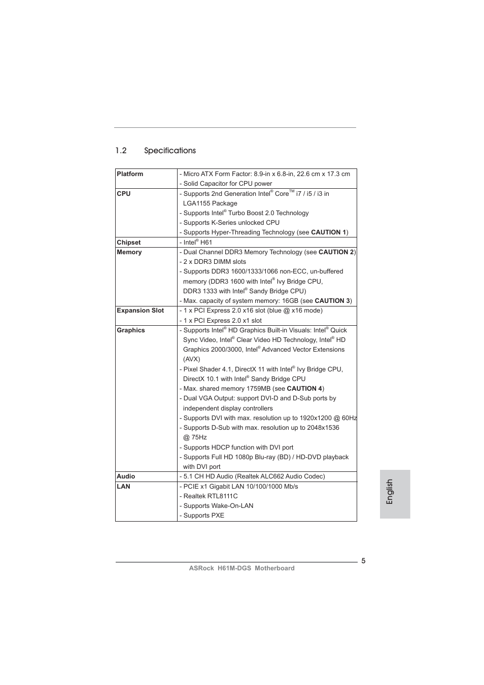 English 1.2 specifications | ASRock H61M-DGS User Manual | Page 5 / 165