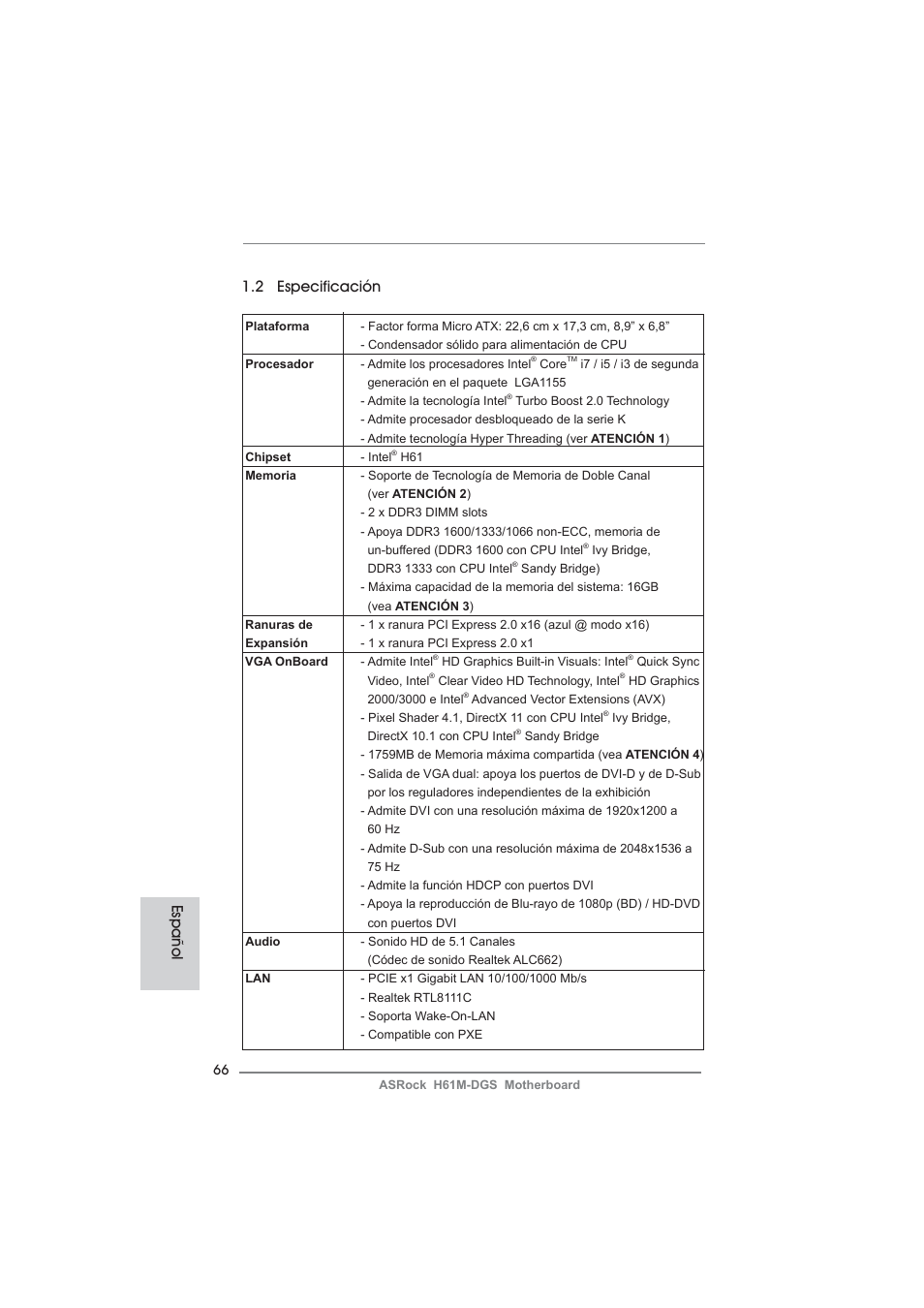 2 especificación, Español | ASRock H61M-DGS User Manual | Page 66 / 165