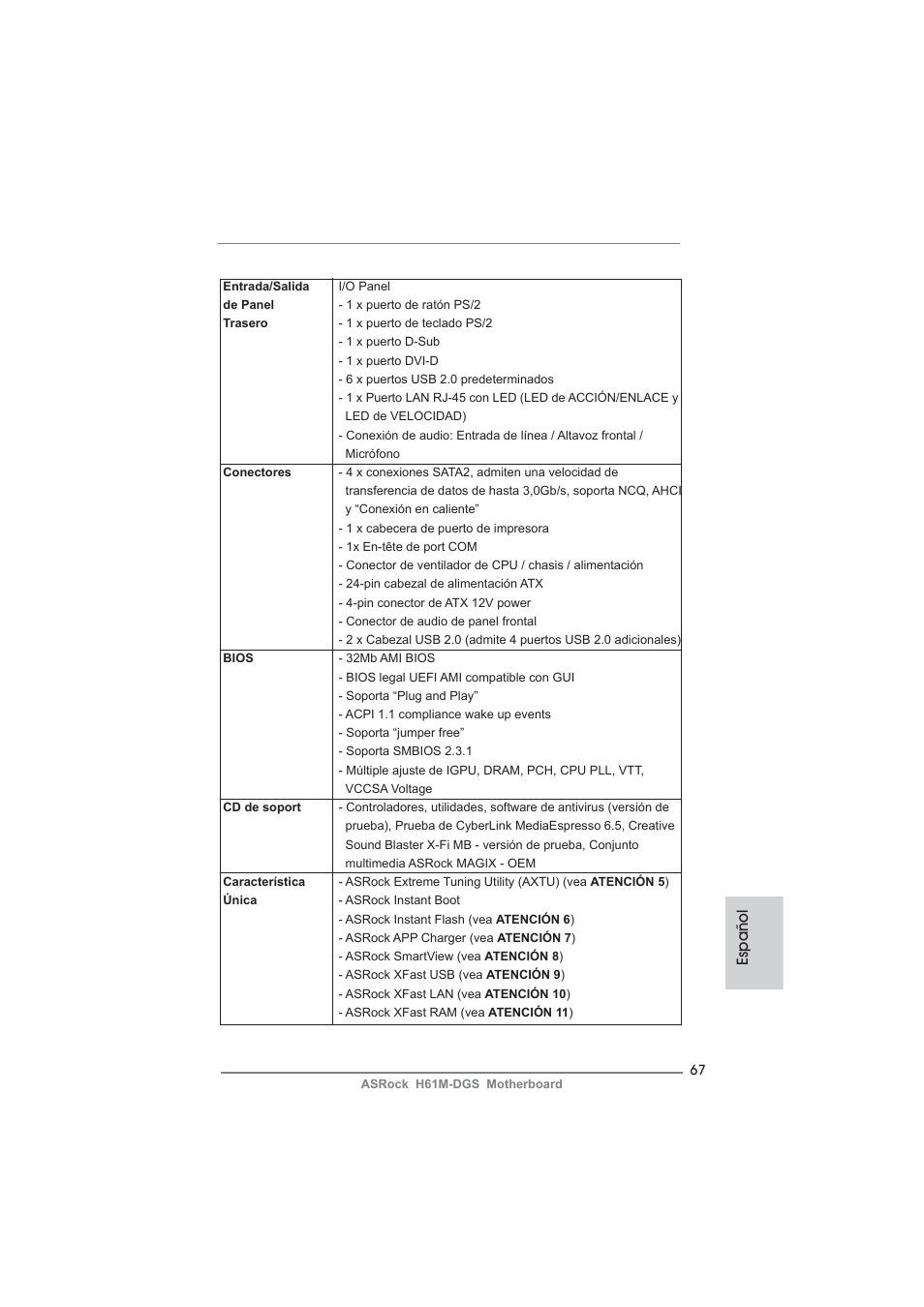 Español | ASRock H61M-DGS User Manual | Page 67 / 165