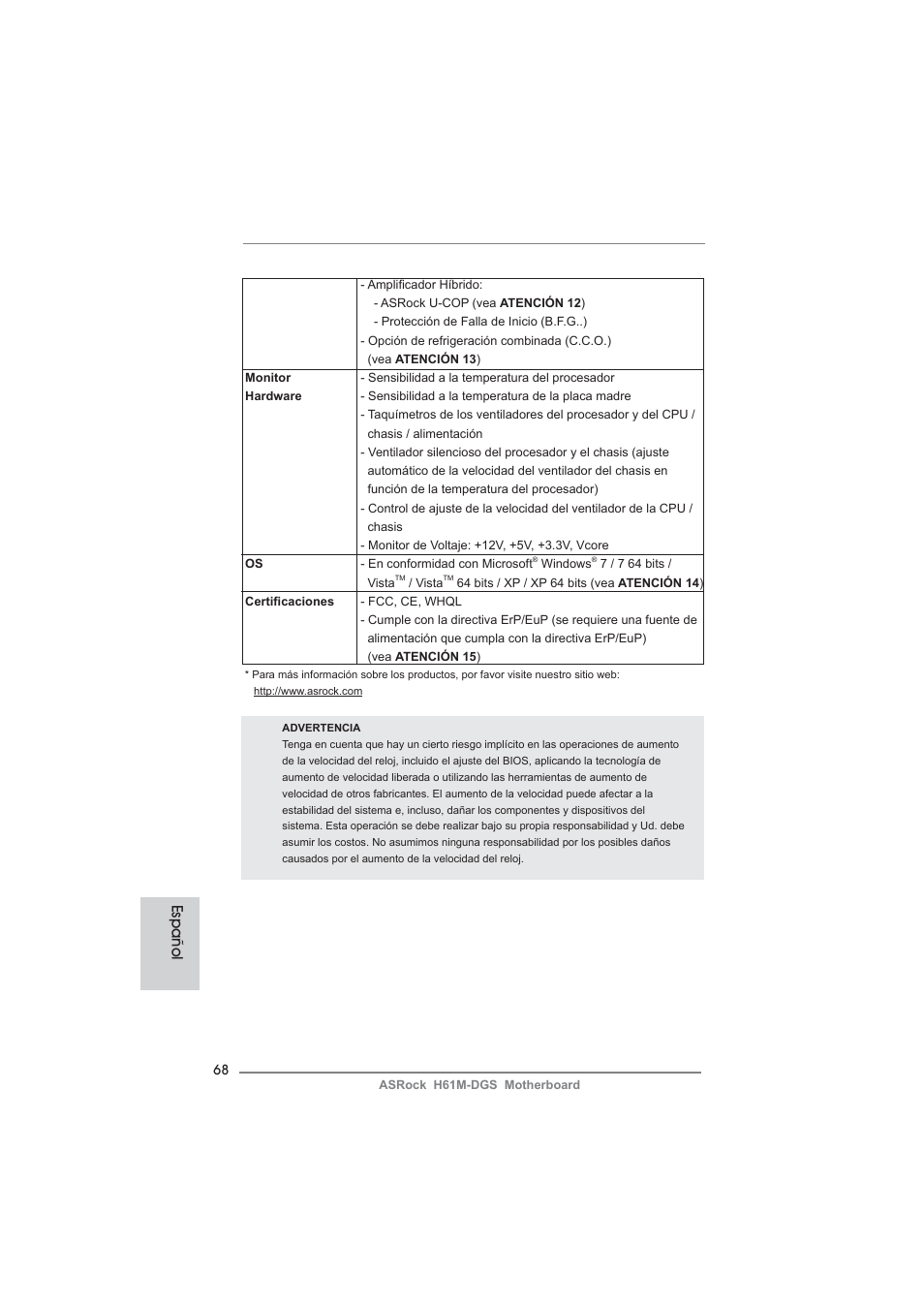 Español | ASRock H61M-DGS User Manual | Page 68 / 165