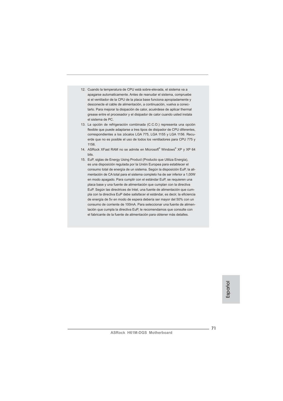 Español | ASRock H61M-DGS User Manual | Page 71 / 165