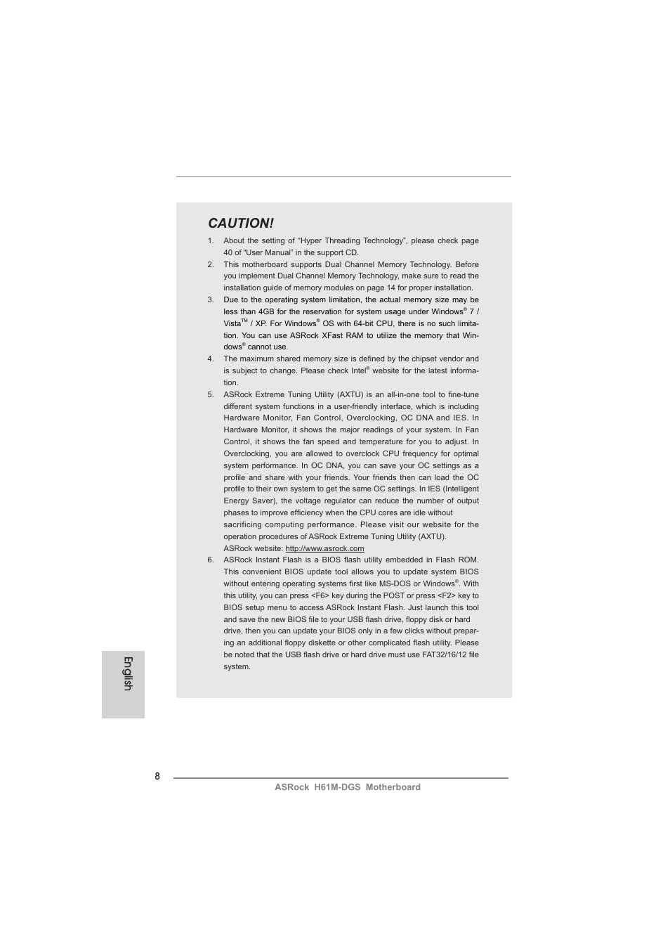 Caution, English | ASRock H61M-DGS User Manual | Page 8 / 165