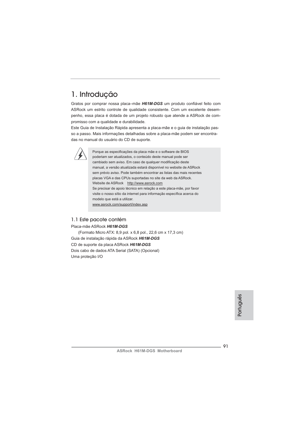 Portuguese, Introdução, Po rtuguês | 1 este pacote contém | ASRock H61M-DGS User Manual | Page 91 / 165