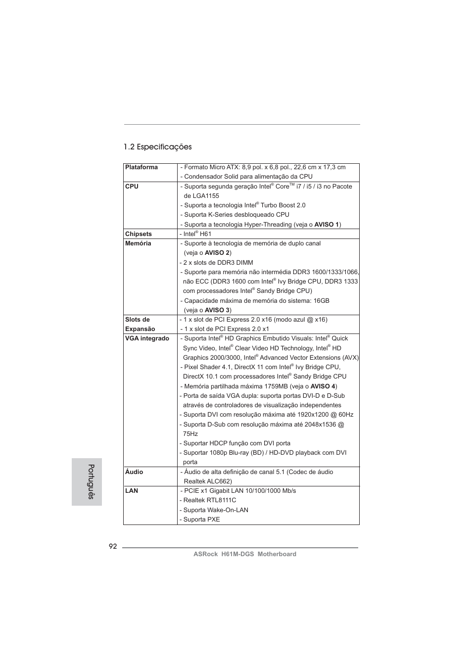 2 especificações, Po rtuguês | ASRock H61M-DGS User Manual | Page 92 / 165