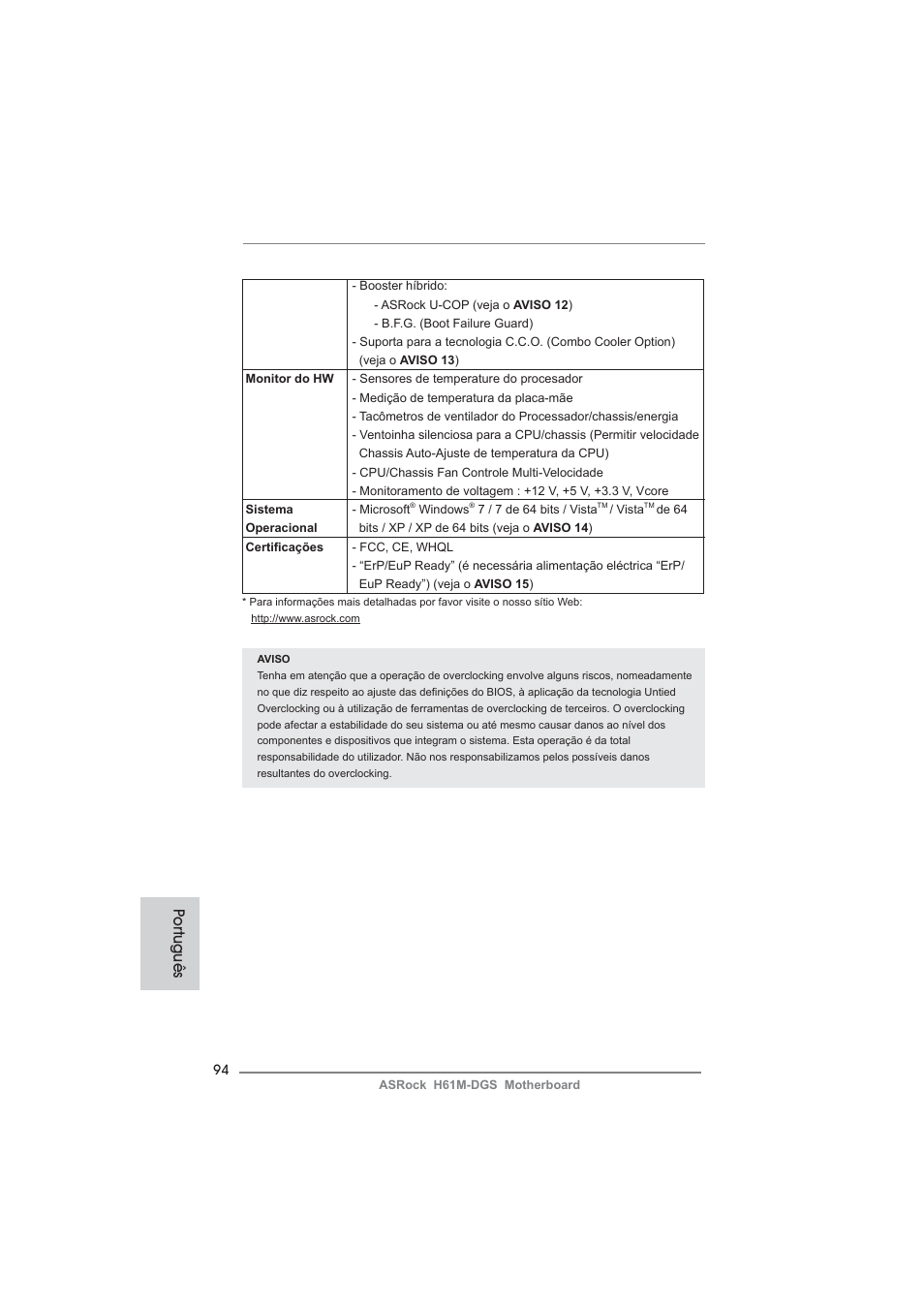 Po rtuguês | ASRock H61M-DGS User Manual | Page 94 / 165