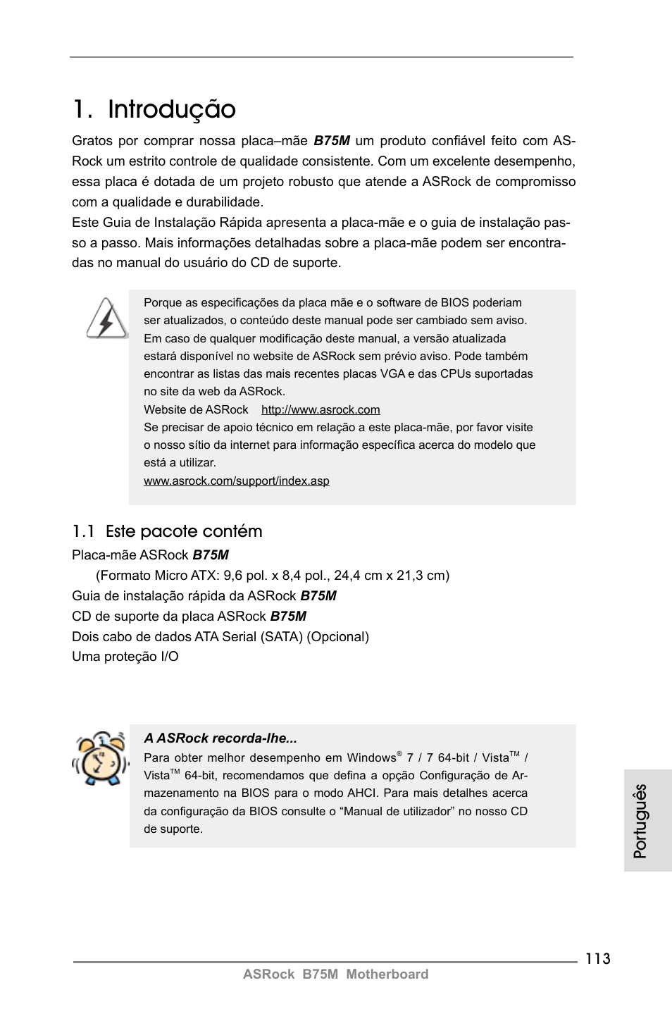 Portuguese, Introdução, 1 este pacote contém | Por tuguês | ASRock B75M User Manual | Page 113 / 204