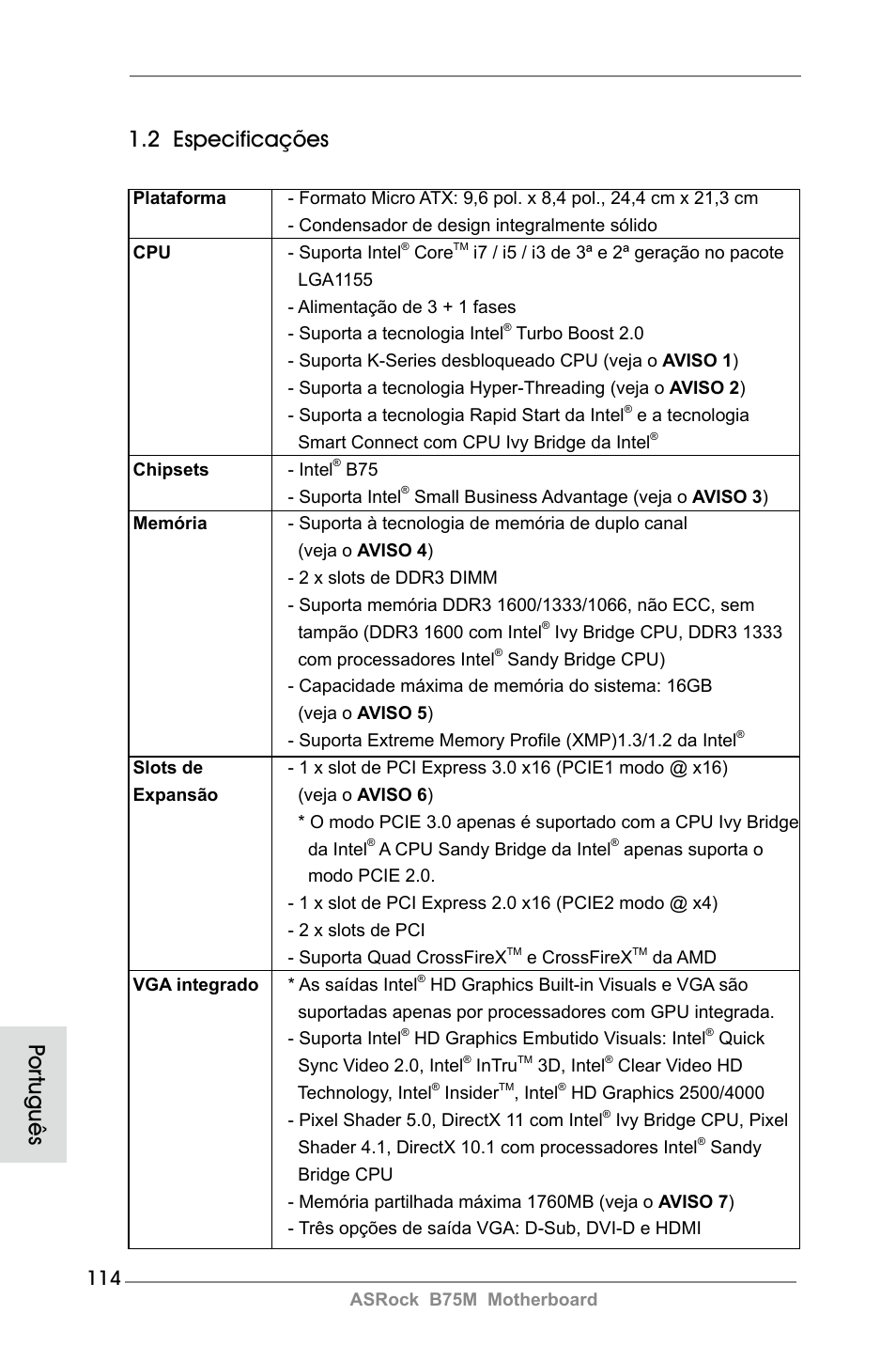 2 especificações, Por tuguês | ASRock B75M User Manual | Page 114 / 204