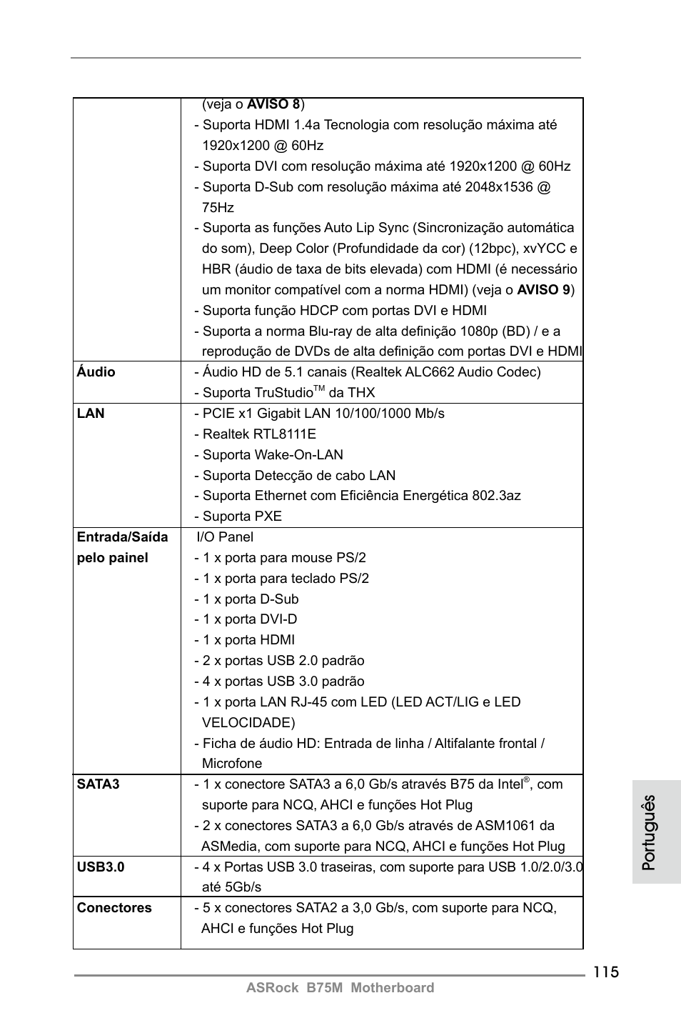 Por tuguês | ASRock B75M User Manual | Page 115 / 204