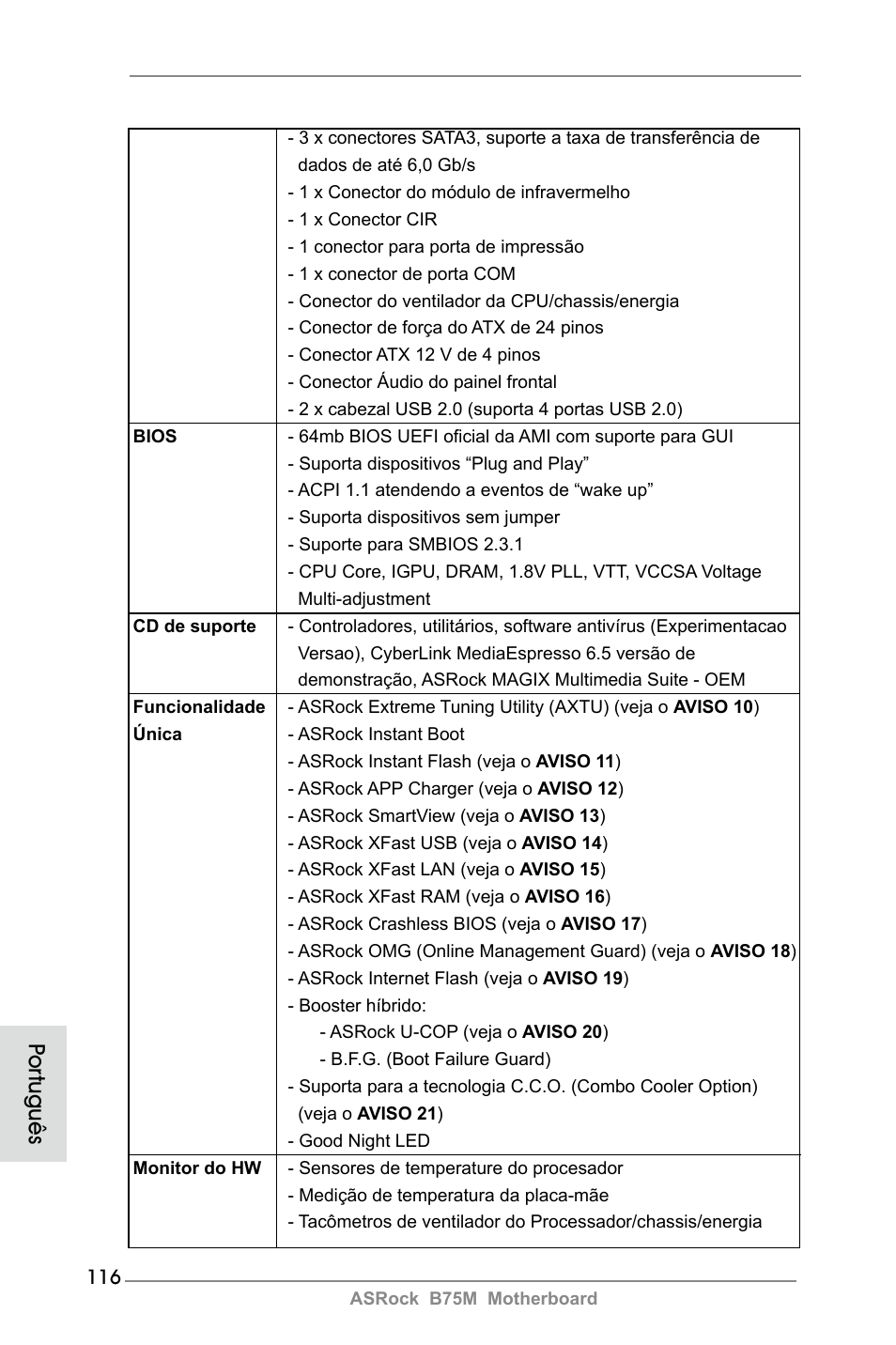 Por tuguês | ASRock B75M User Manual | Page 116 / 204