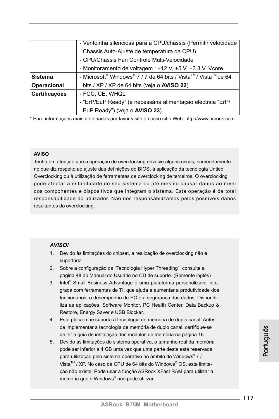 Por tuguês | ASRock B75M User Manual | Page 117 / 204