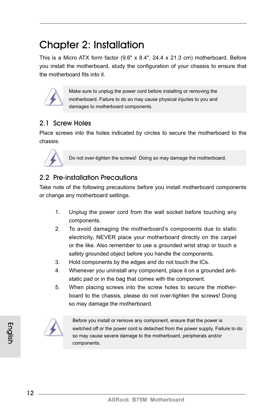 Chapter 2: installation, 1 screw holes, 2 pre-installation precautions | English | ASRock B75M User Manual | Page 12 / 204