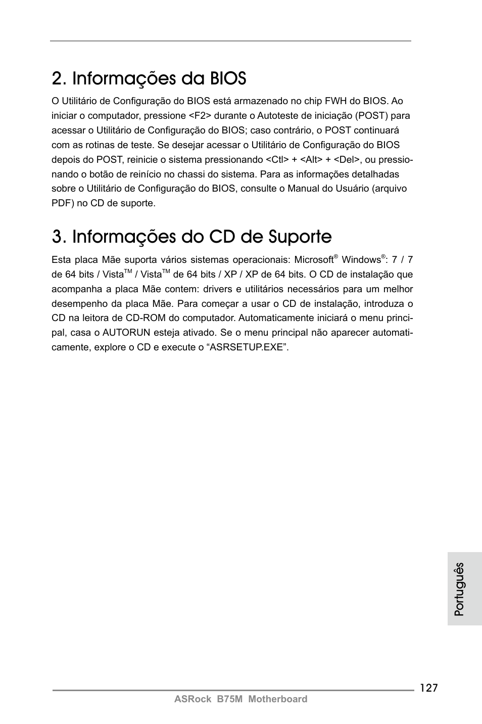 Informações da bios, Informações do cd de suporte, Por tuguês | ASRock B75M User Manual | Page 127 / 204