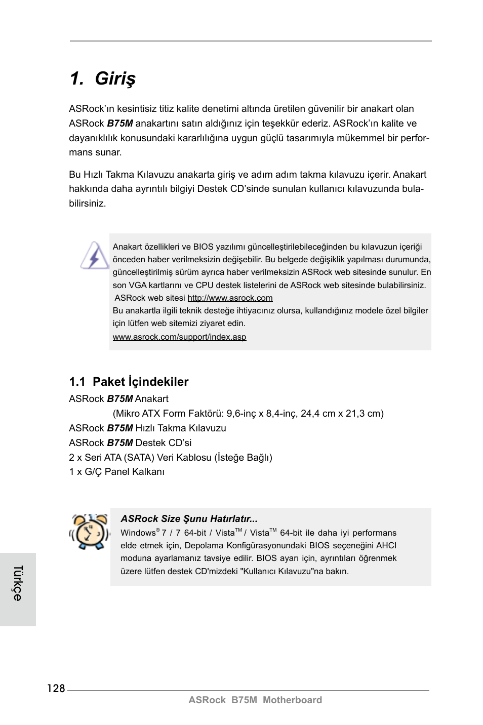 Turkish, Giriş, 1 paket içindekiler | Türkçe | ASRock B75M User Manual | Page 128 / 204