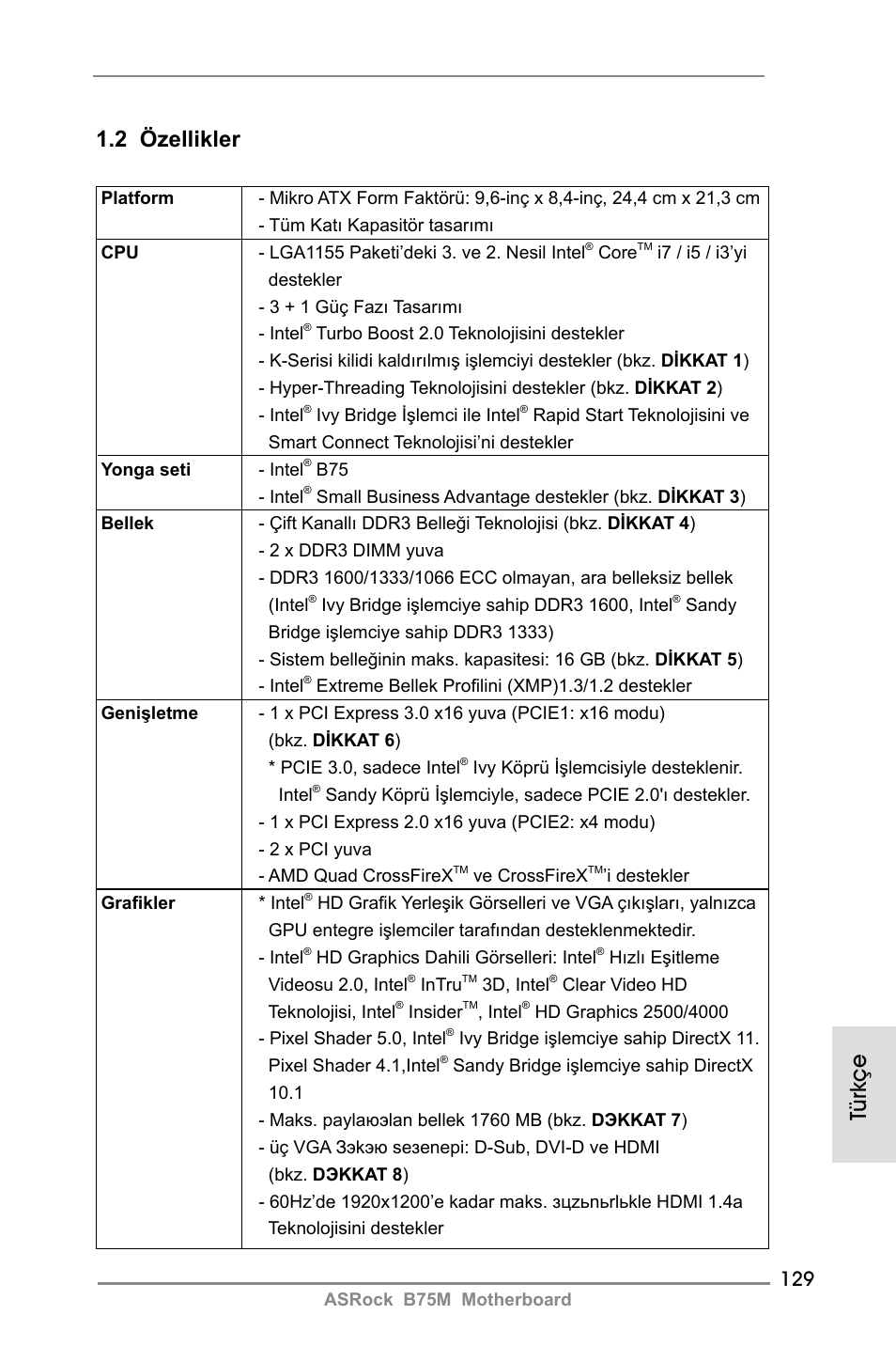 2 özellikler, Türkçe | ASRock B75M User Manual | Page 129 / 204