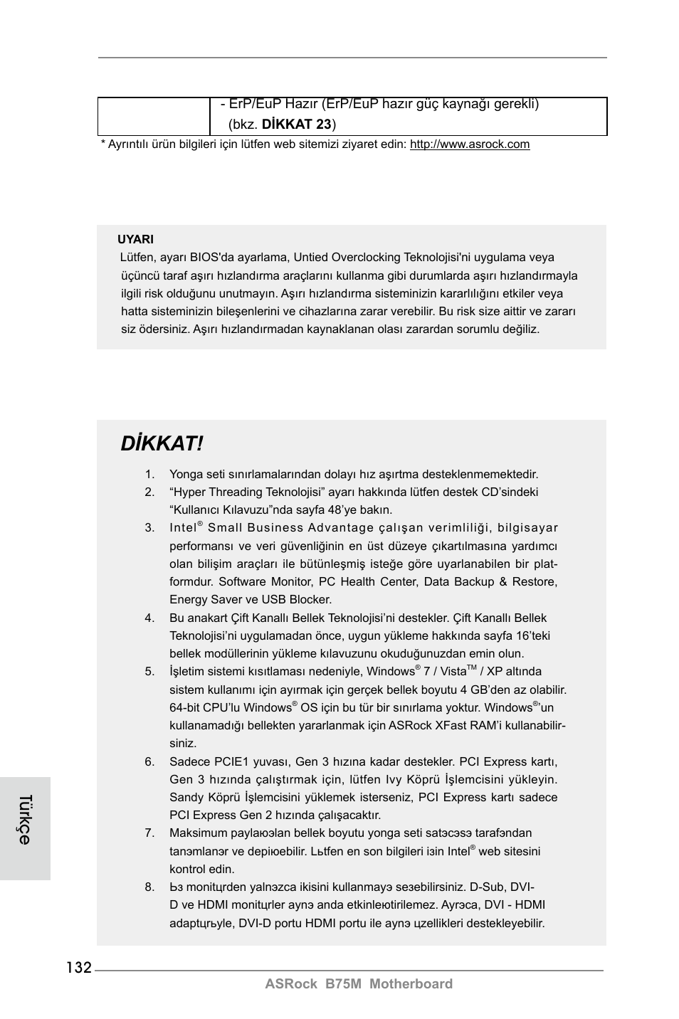 Dikkat, Türkçe | ASRock B75M User Manual | Page 132 / 204