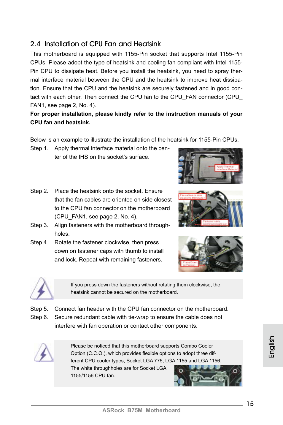 4 installation of cpu fan and heatsink, English | ASRock B75M User Manual | Page 15 / 204