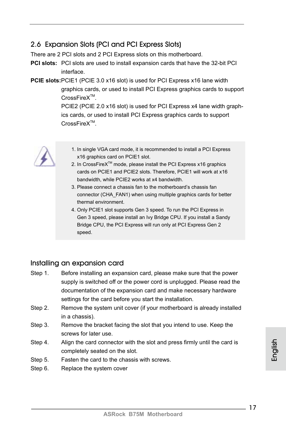 6 expansion slots (pci and pci express slots), Installing an expansion card, English | ASRock B75M User Manual | Page 17 / 204