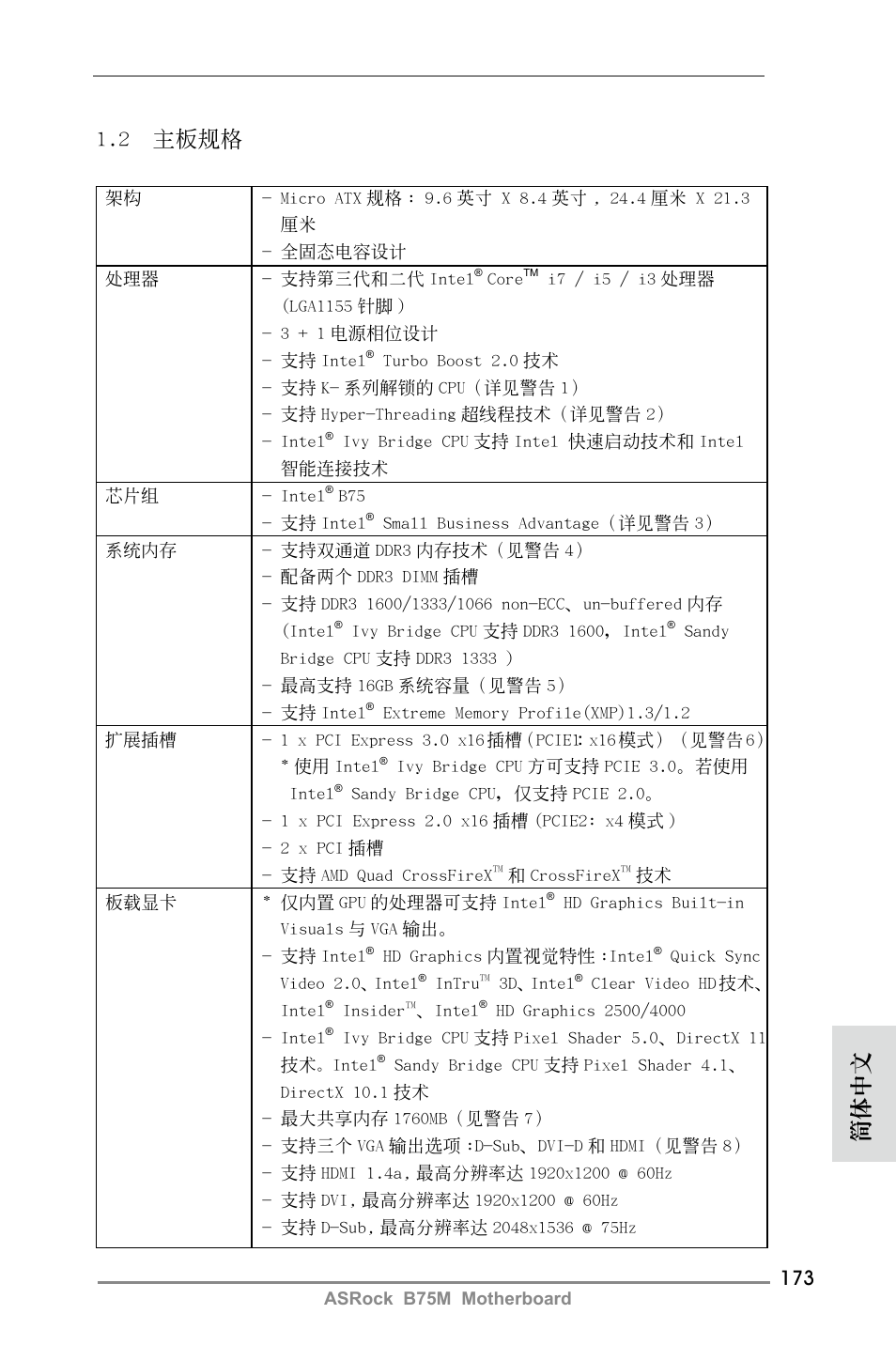 2 主板規格, 簡體中文 | ASRock B75M User Manual | Page 173 / 204