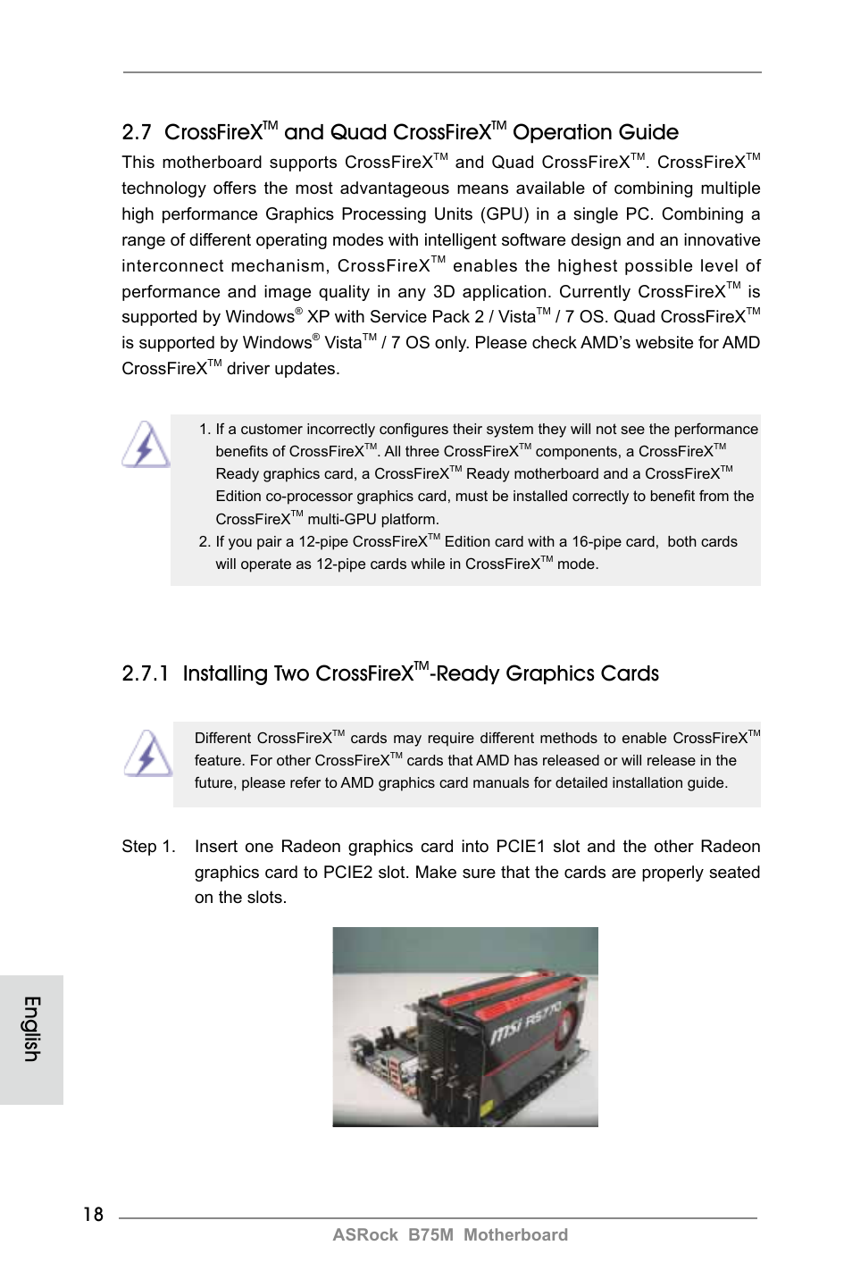 7 crossfirex, And quad crossfirex, Operation guide | 1 installing two crossfirex, Ready graphics cards, English | ASRock B75M User Manual | Page 18 / 204