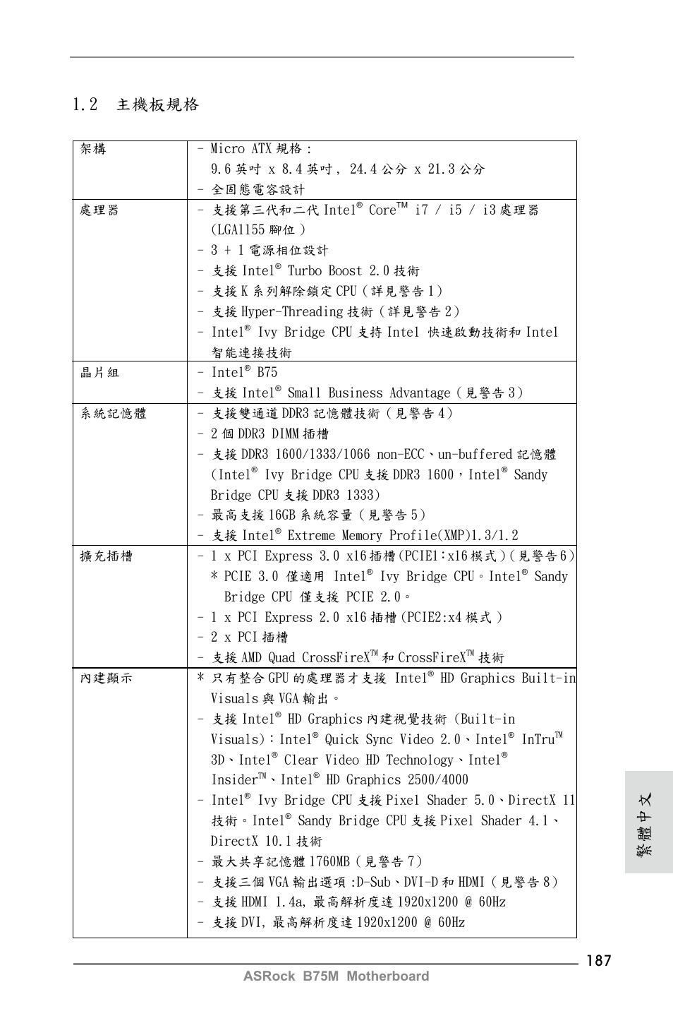 2 主機板規格, 繁體中文 | ASRock B75M User Manual | Page 187 / 204