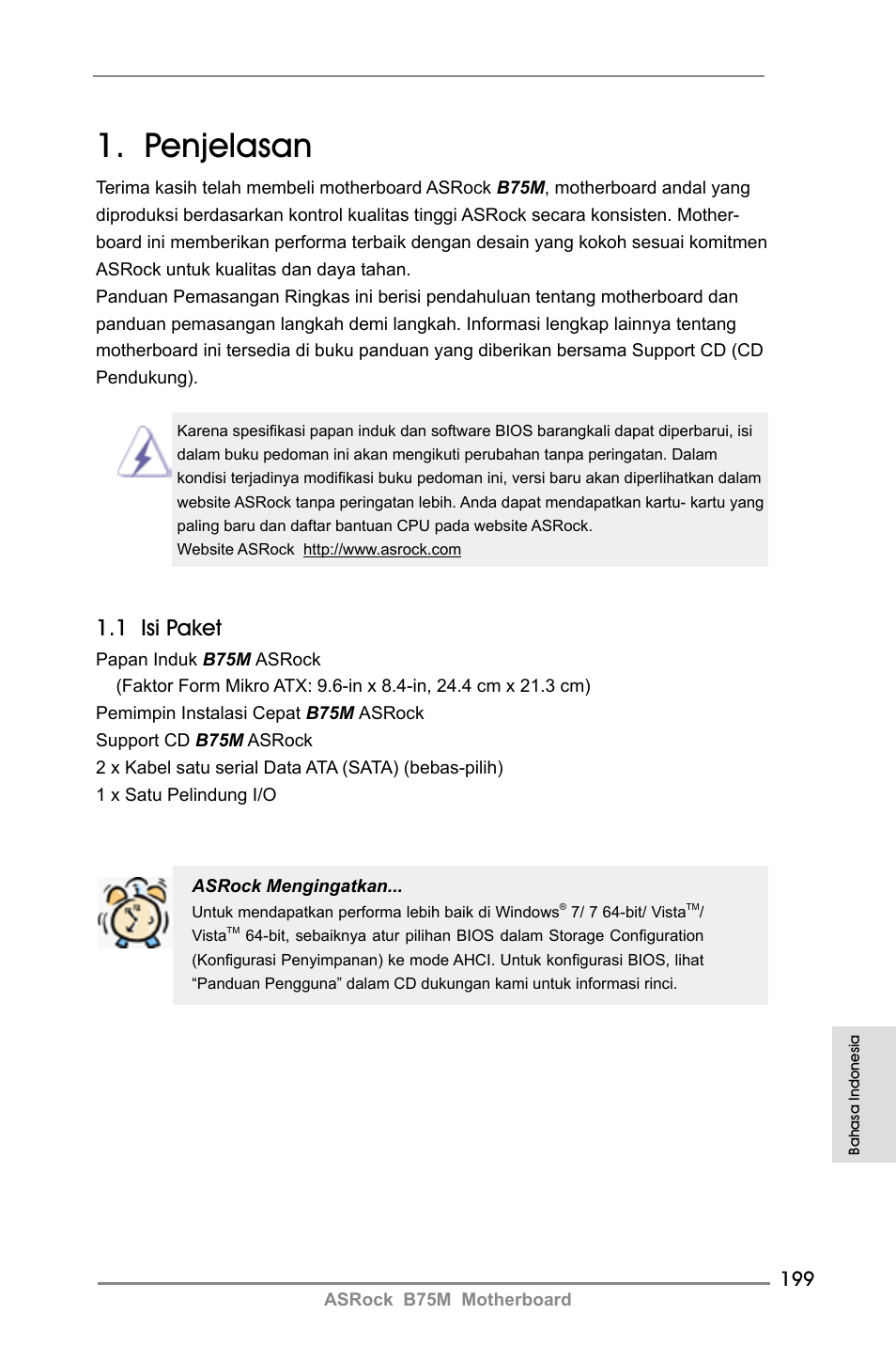 Indonesian, Penjelasan, 1 isi paket | ASRock B75M User Manual | Page 199 / 204