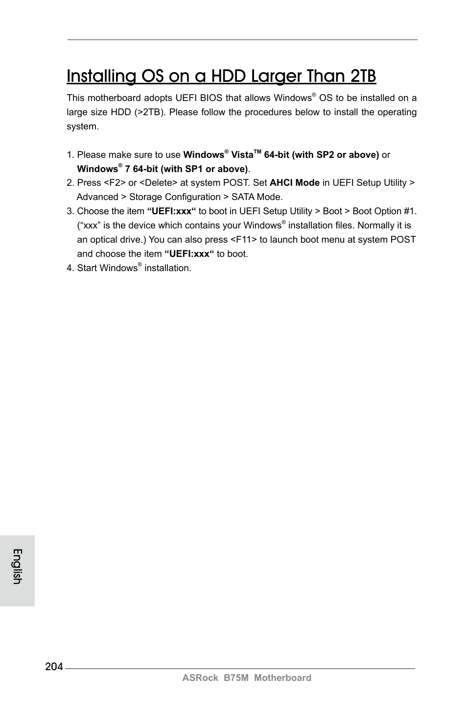 Installing os on a hdd larger than 2tb, English | ASRock B75M User Manual | Page 204 / 204