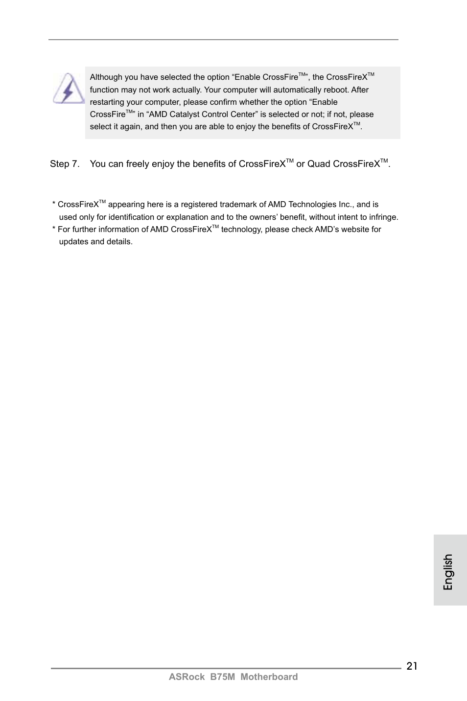 English, Asrock b75m motherboard, Or quad crossfirex | ASRock B75M User Manual | Page 21 / 204