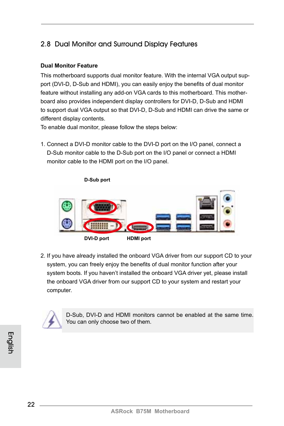 8 dual monitor and surround display features, English | ASRock B75M User Manual | Page 22 / 204