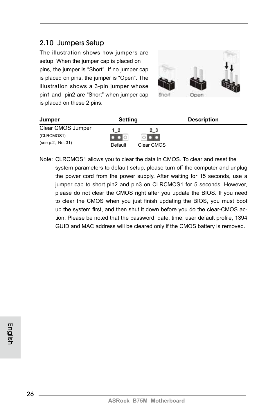 10 jumpers setup, English | ASRock B75M User Manual | Page 26 / 204