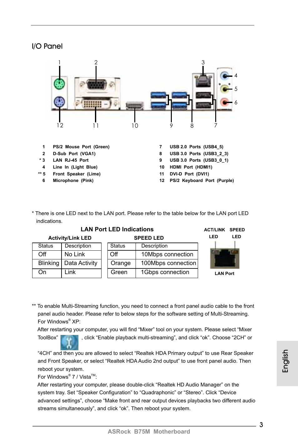 English i/o panel, Asrock b75m motherboard, Lan port led indications | ASRock B75M User Manual | Page 3 / 204