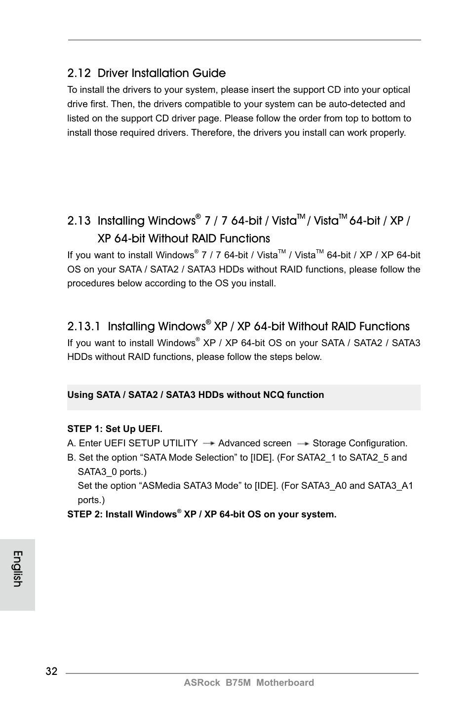 12 driver installation guide, 13 installing windows, 7 / 7 64-bit / vista | Vista, Bit / xp / xp 64-bit without raid functions, 1 installing windows, Xp / xp 64-bit without raid functions, English | ASRock B75M User Manual | Page 32 / 204