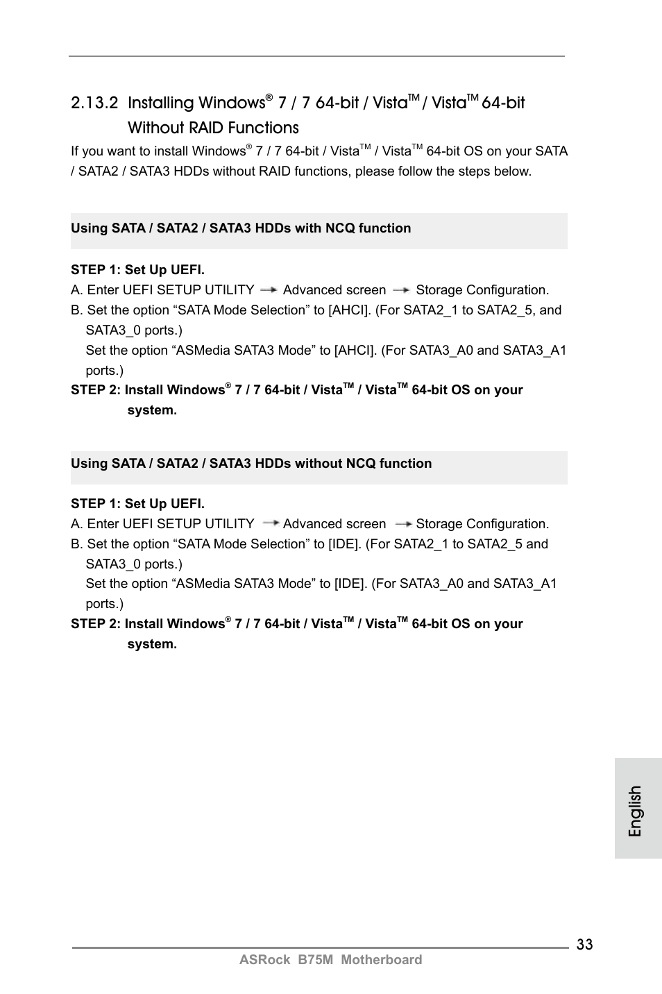 2 installing windows, 7 / 7 64-bit / vista, Vista | Bit without raid functions, English | ASRock B75M User Manual | Page 33 / 204