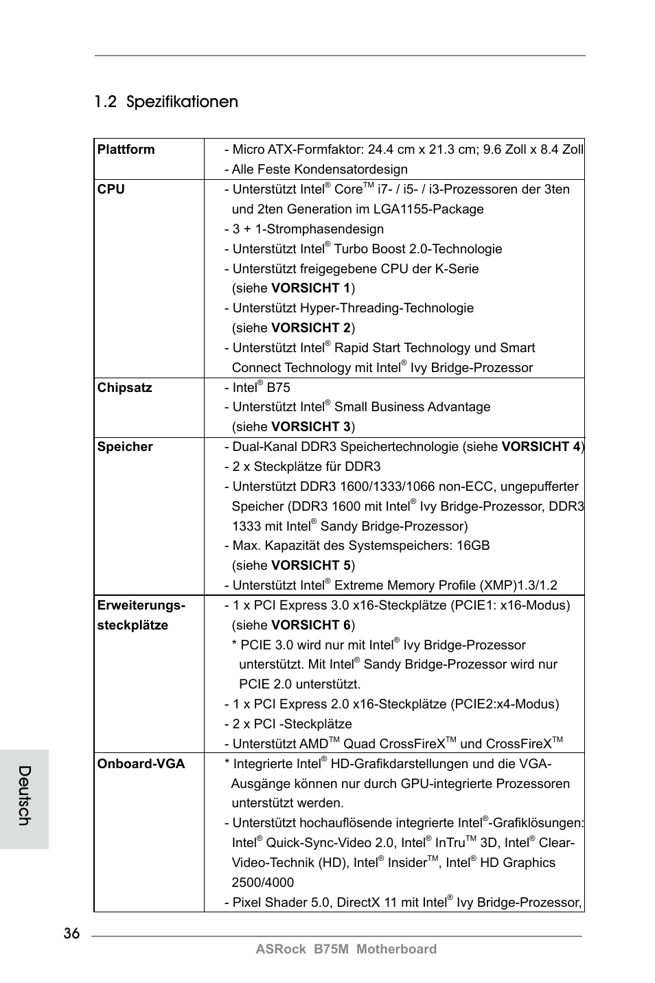 2 spezifikationen, Deutsch | ASRock B75M User Manual | Page 36 / 204