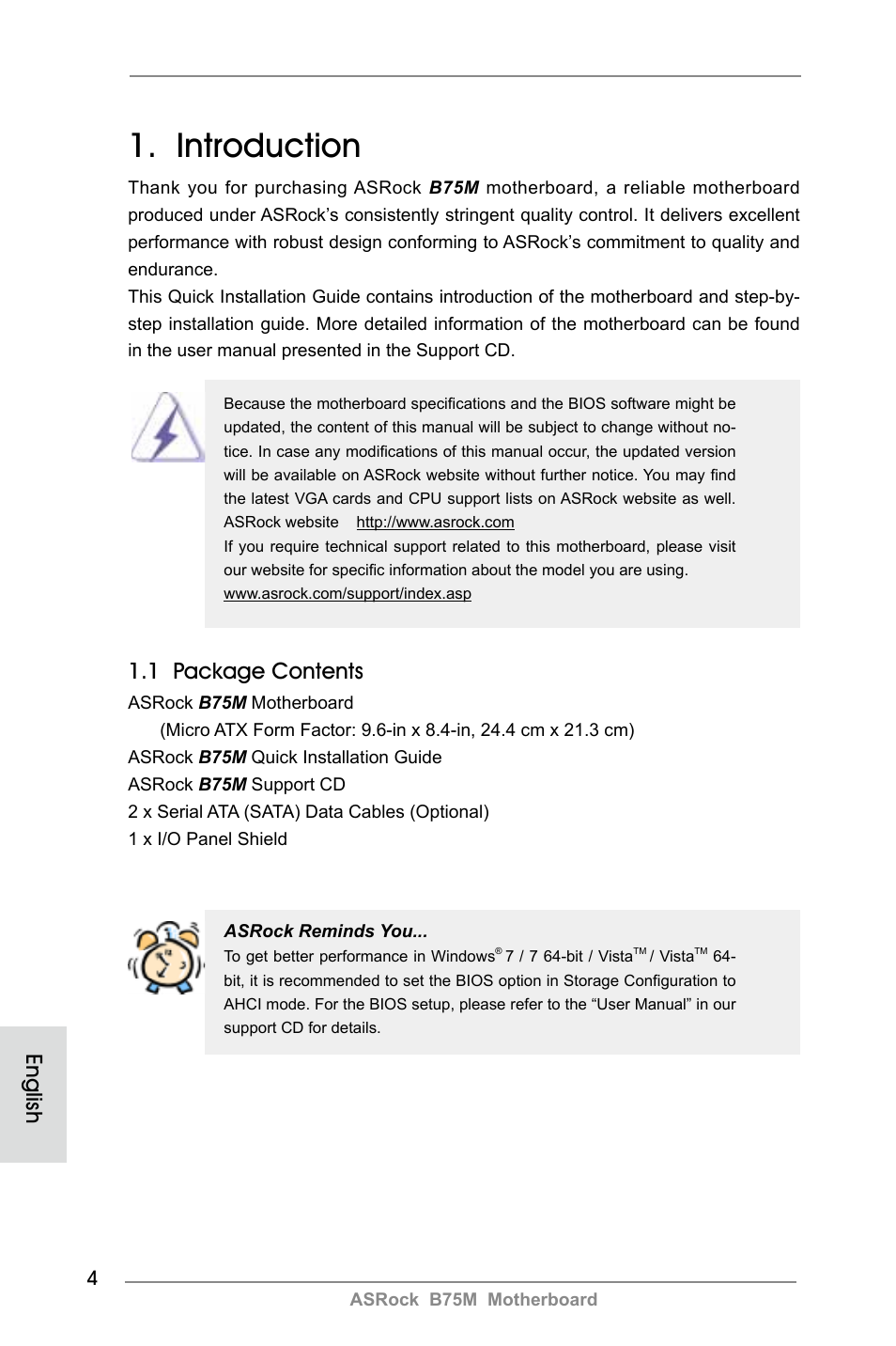 Introduction, 1 package contents, English | ASRock B75M User Manual | Page 4 / 204