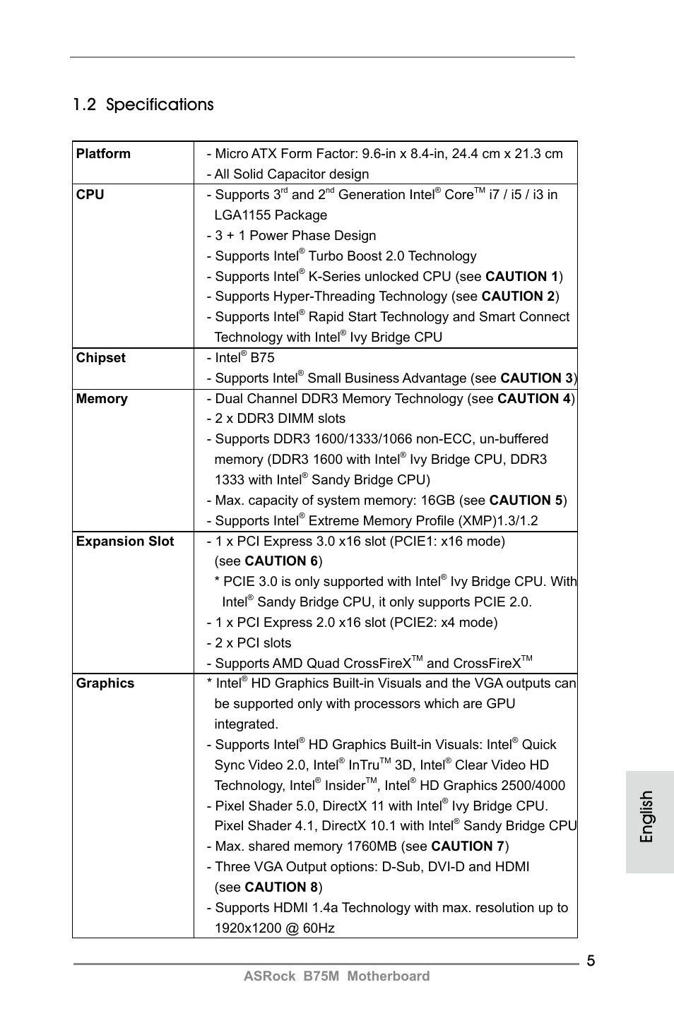 English 1.2 specifications | ASRock B75M User Manual | Page 5 / 204