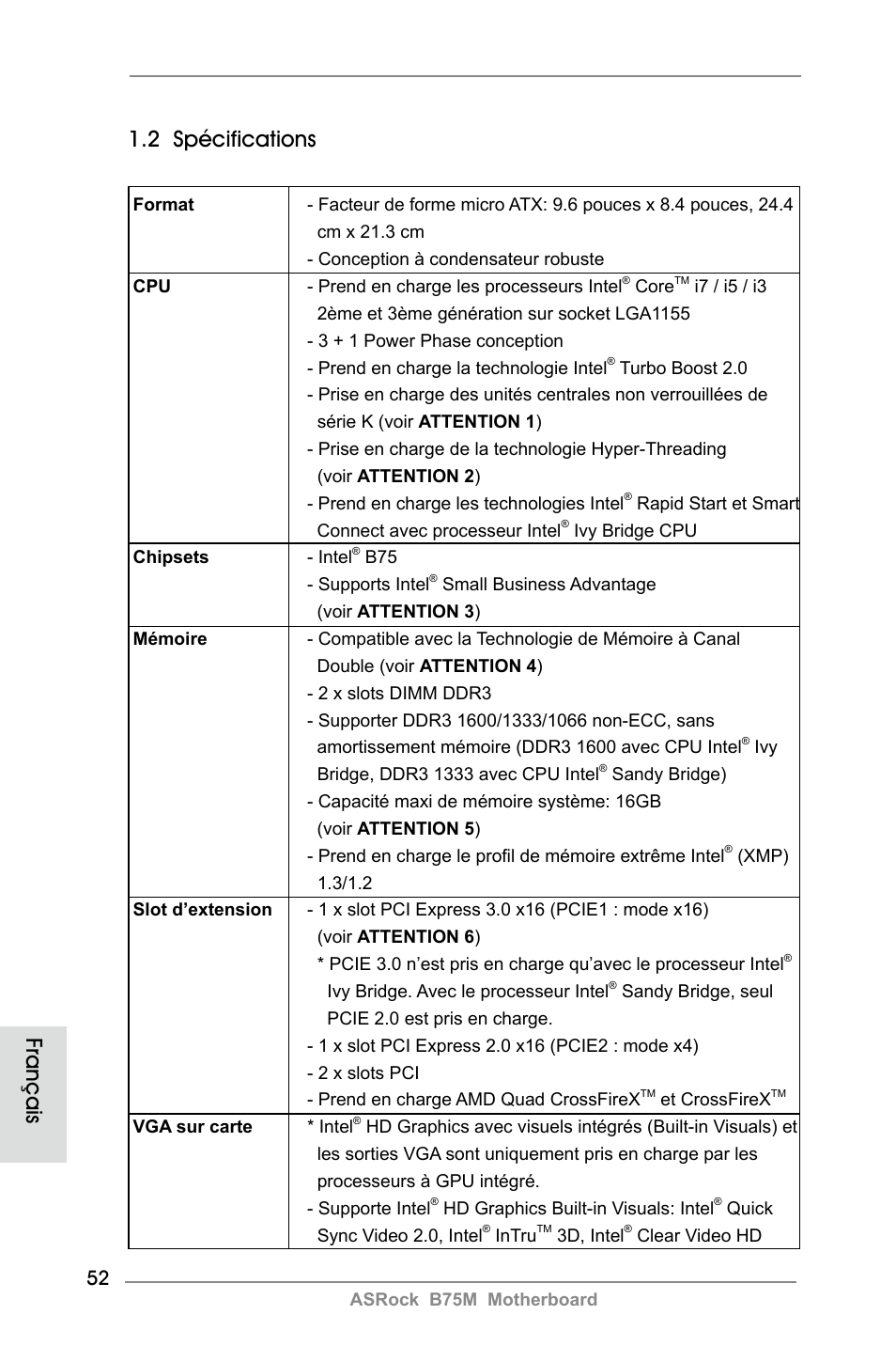 2 spécifications, Français | ASRock B75M User Manual | Page 52 / 204