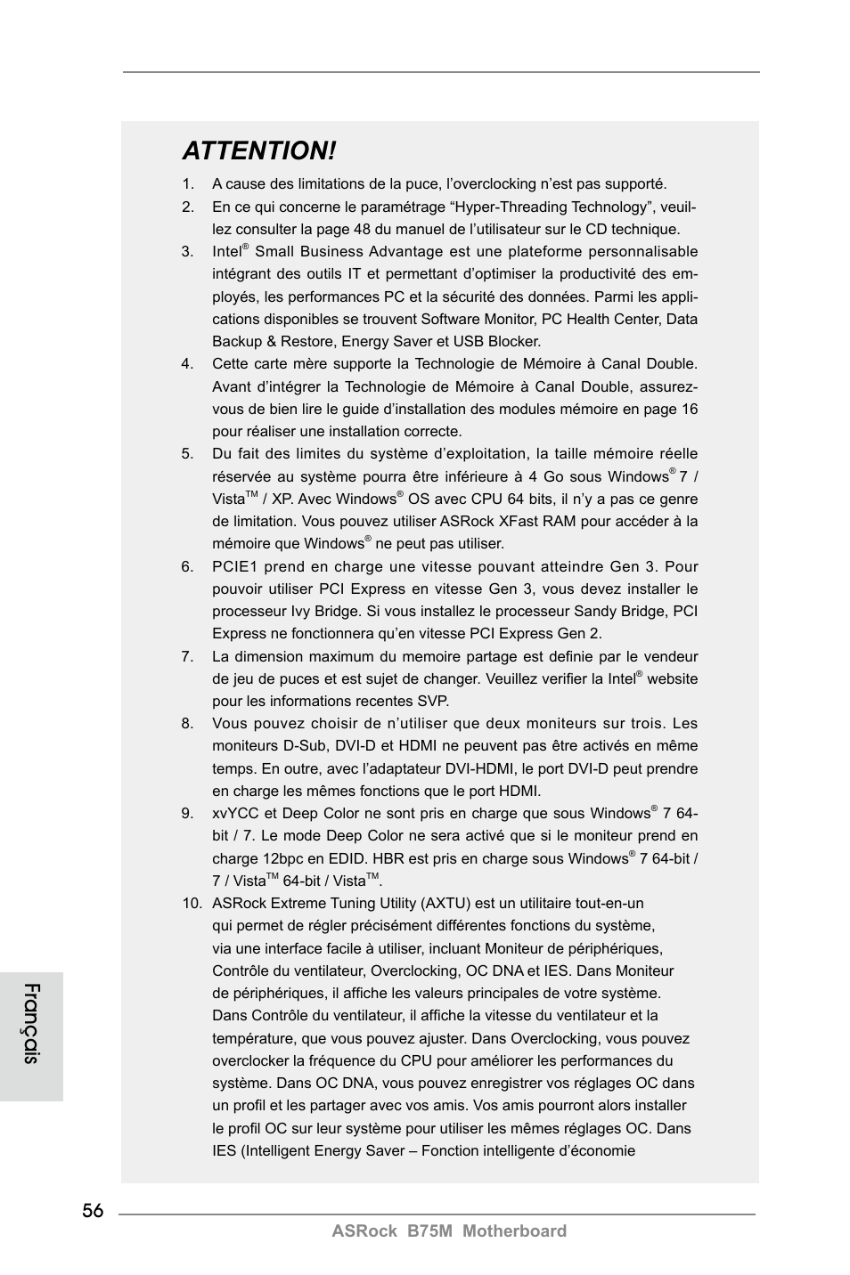 Attention, Français, Asrock b75m motherboard | ASRock B75M User Manual | Page 56 / 204