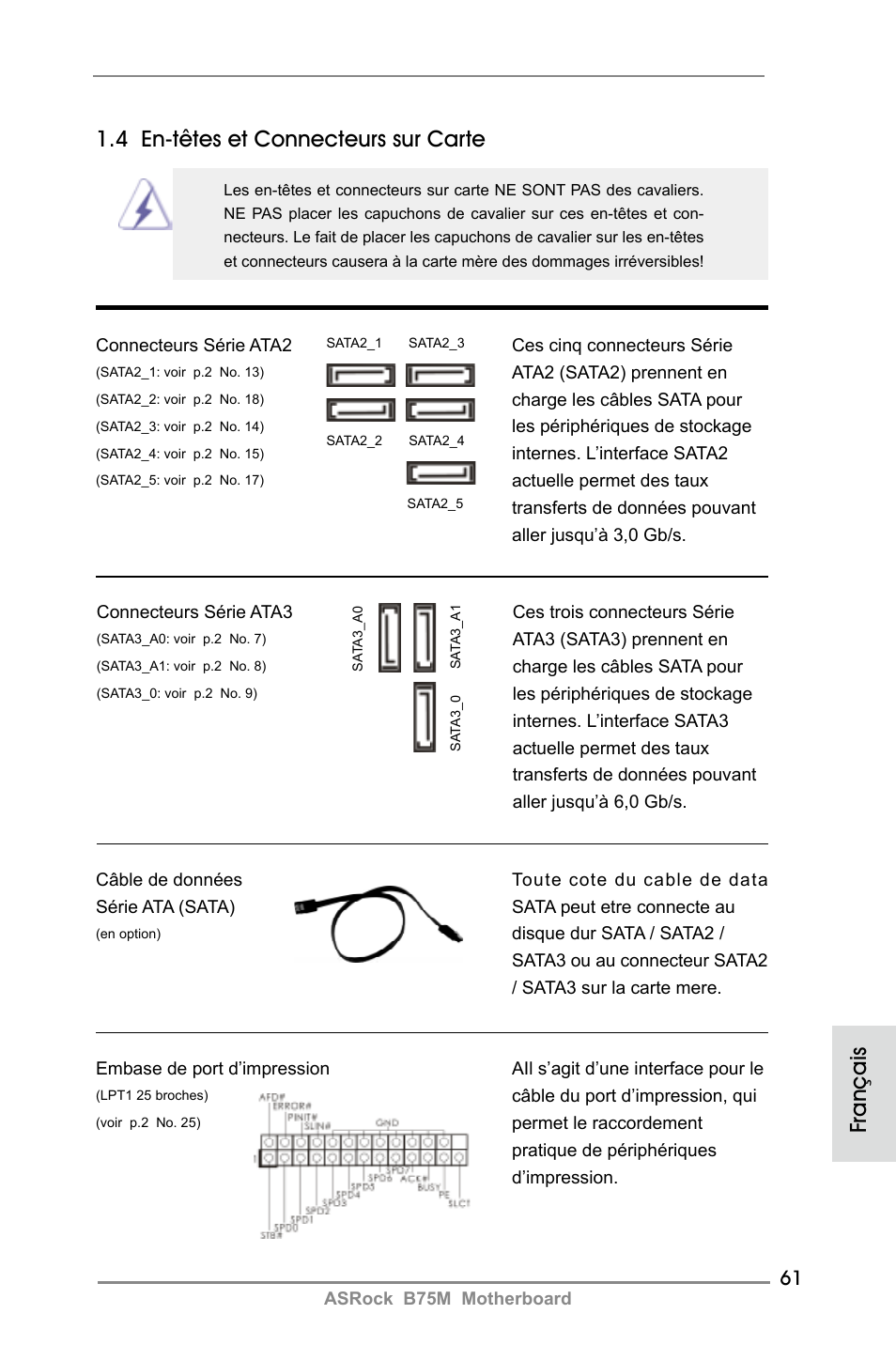4 en-têtes et connecteurs sur carte, Français | ASRock B75M User Manual | Page 61 / 204