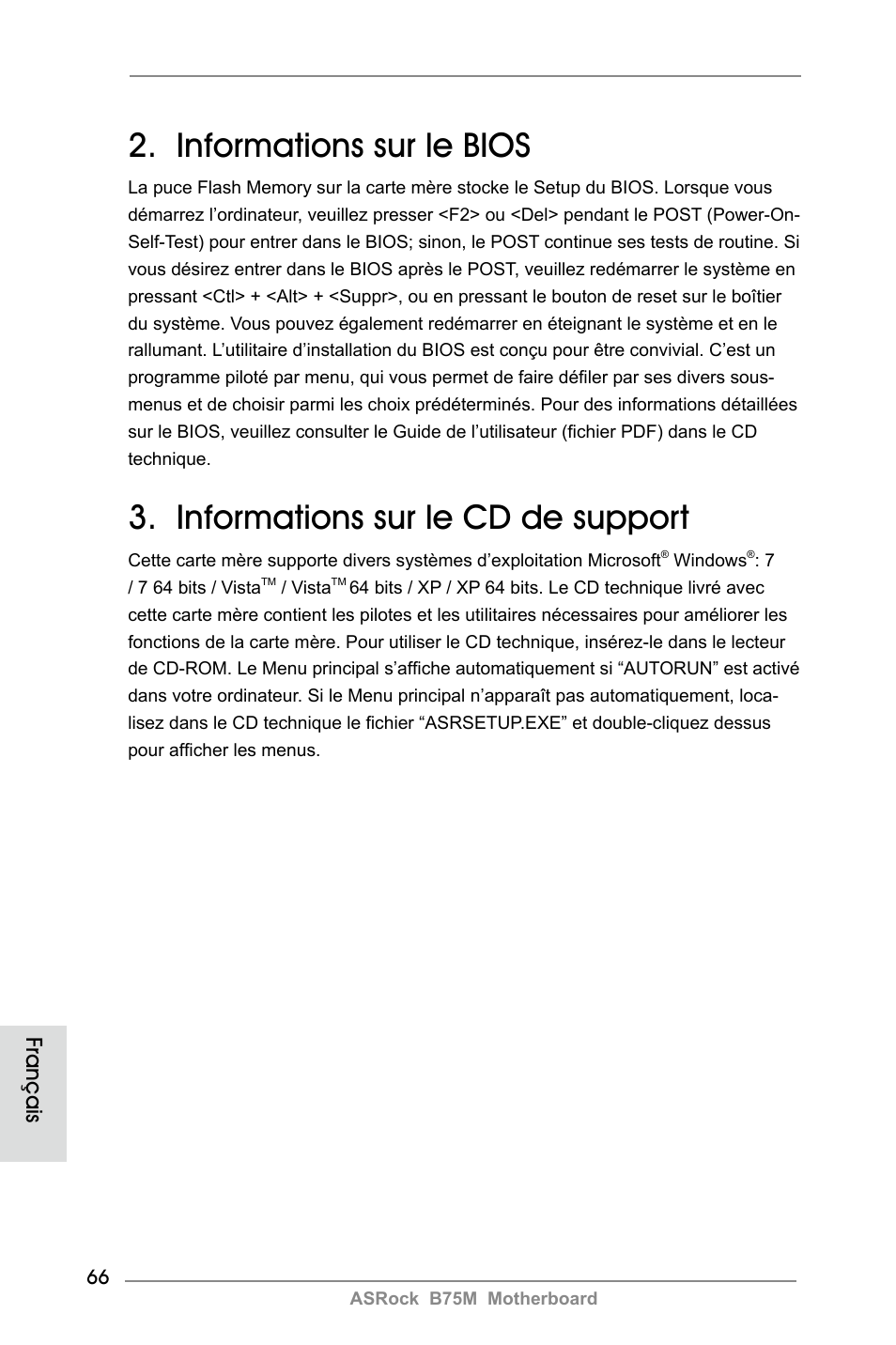 Informations sur le bios, Informations sur le cd de support, Français | ASRock B75M User Manual | Page 66 / 204