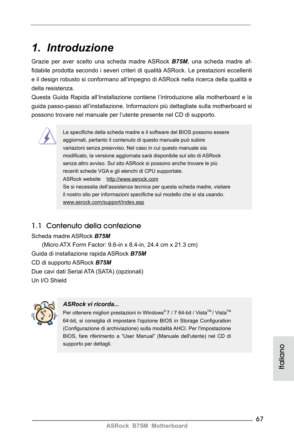 Italian, Introduzione, 1 contenuto della confezione | Italiano | ASRock B75M User Manual | Page 67 / 204